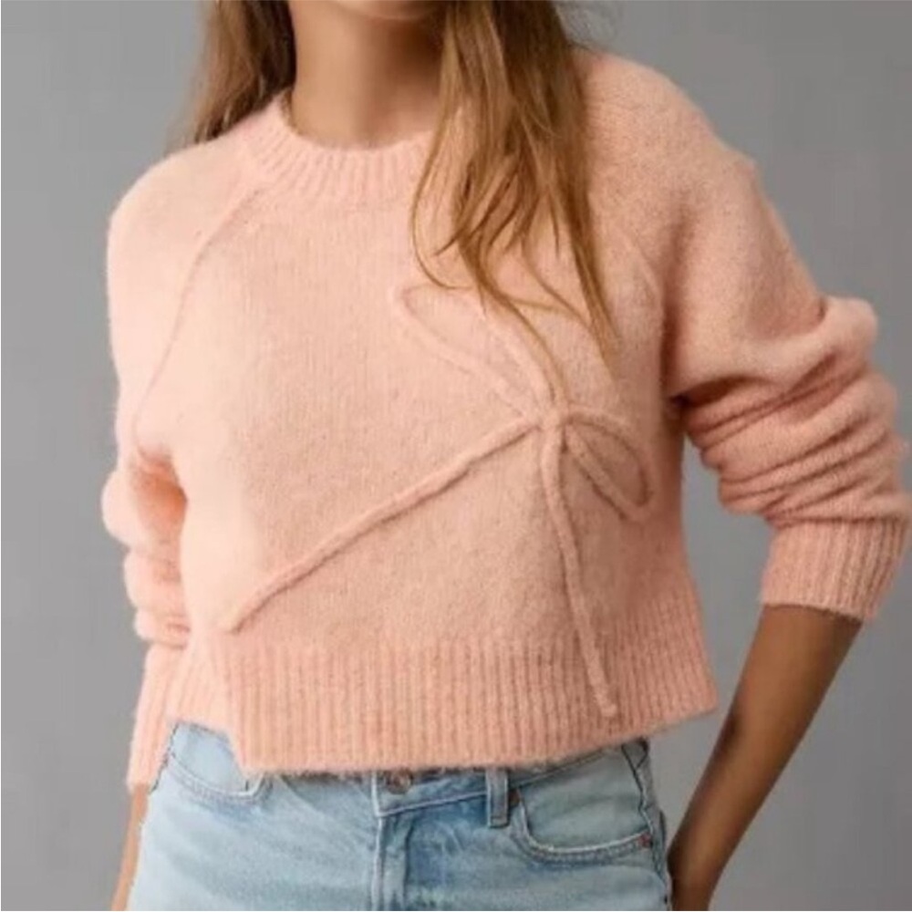 American Eagle Pink Bow Crew Neck Sweater Size XS